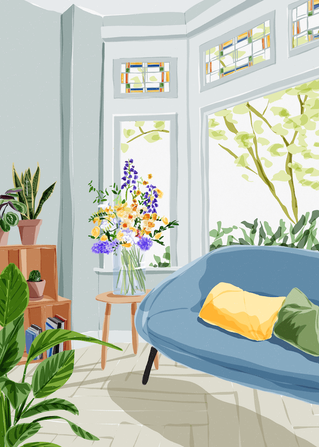 Bay window with blue couch